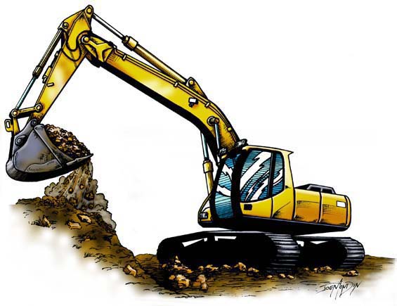 Desenho de escavadeira hidráulica trabalhando.